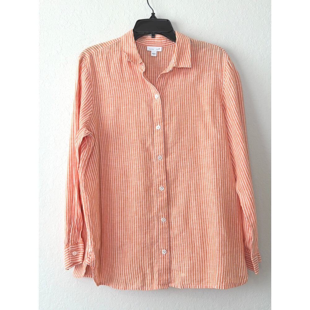 J. Jill Orange & White Pinstripe 100% Linen Button Up Shirt Women’s Medium